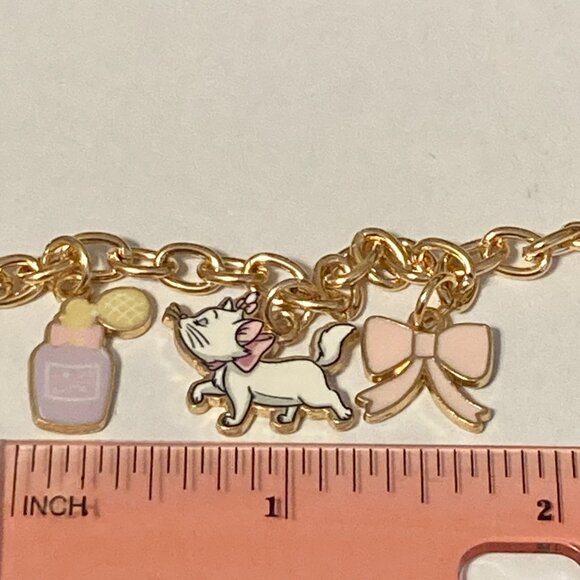 Disney Aristocats Marie Cat Charm Bracelet Pink Bow Signed 7-8" White Gold Tone - Picture 11 of 13